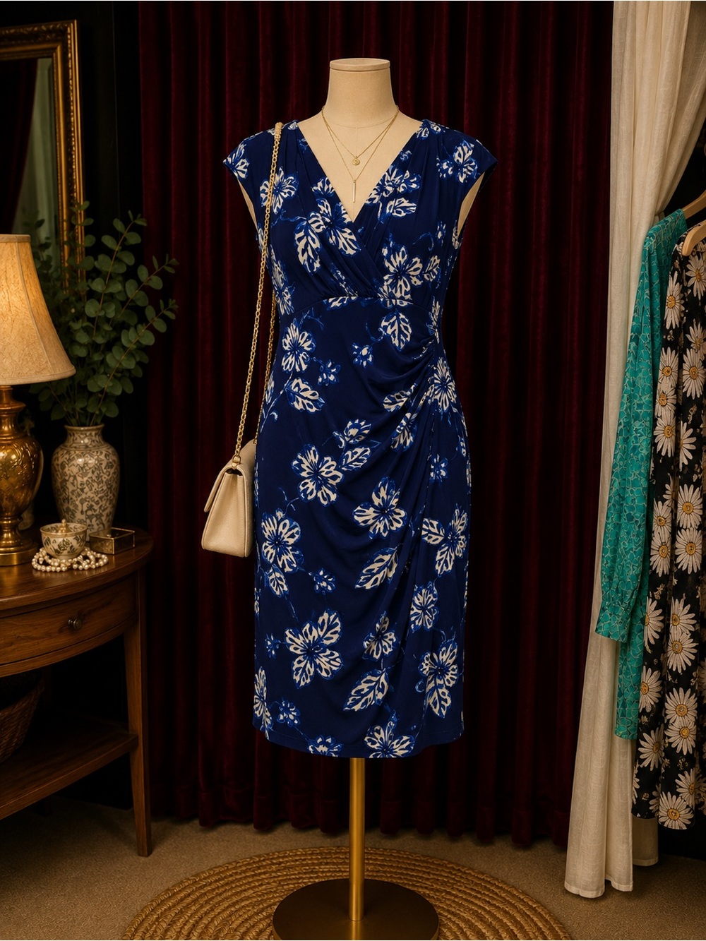 Lauren Ralph Lauren Navy Blue Floral Faux-Wrap Midi Dress